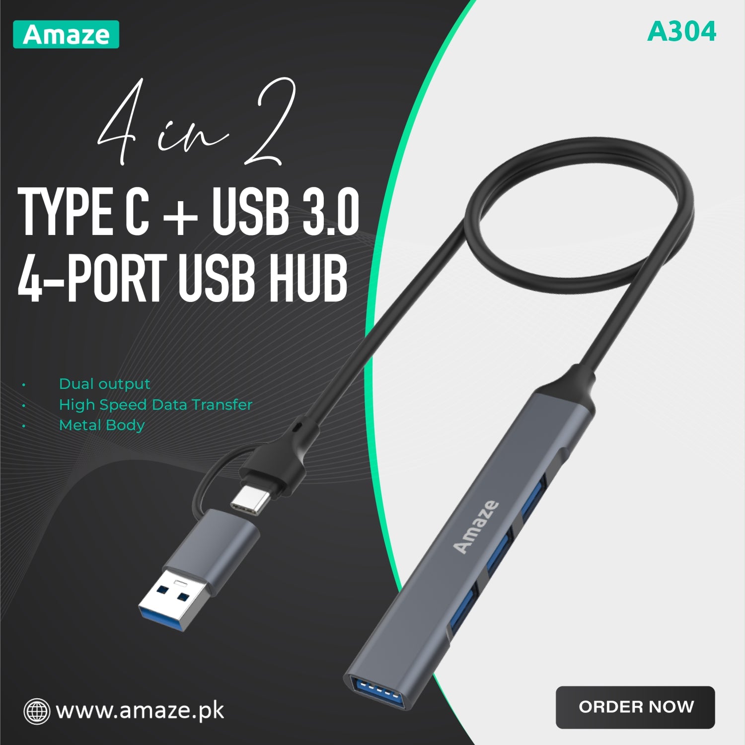 AMAZE USB3.0 + TYPE-C TO 4 IN 1 USB 3.0 HUB | A304