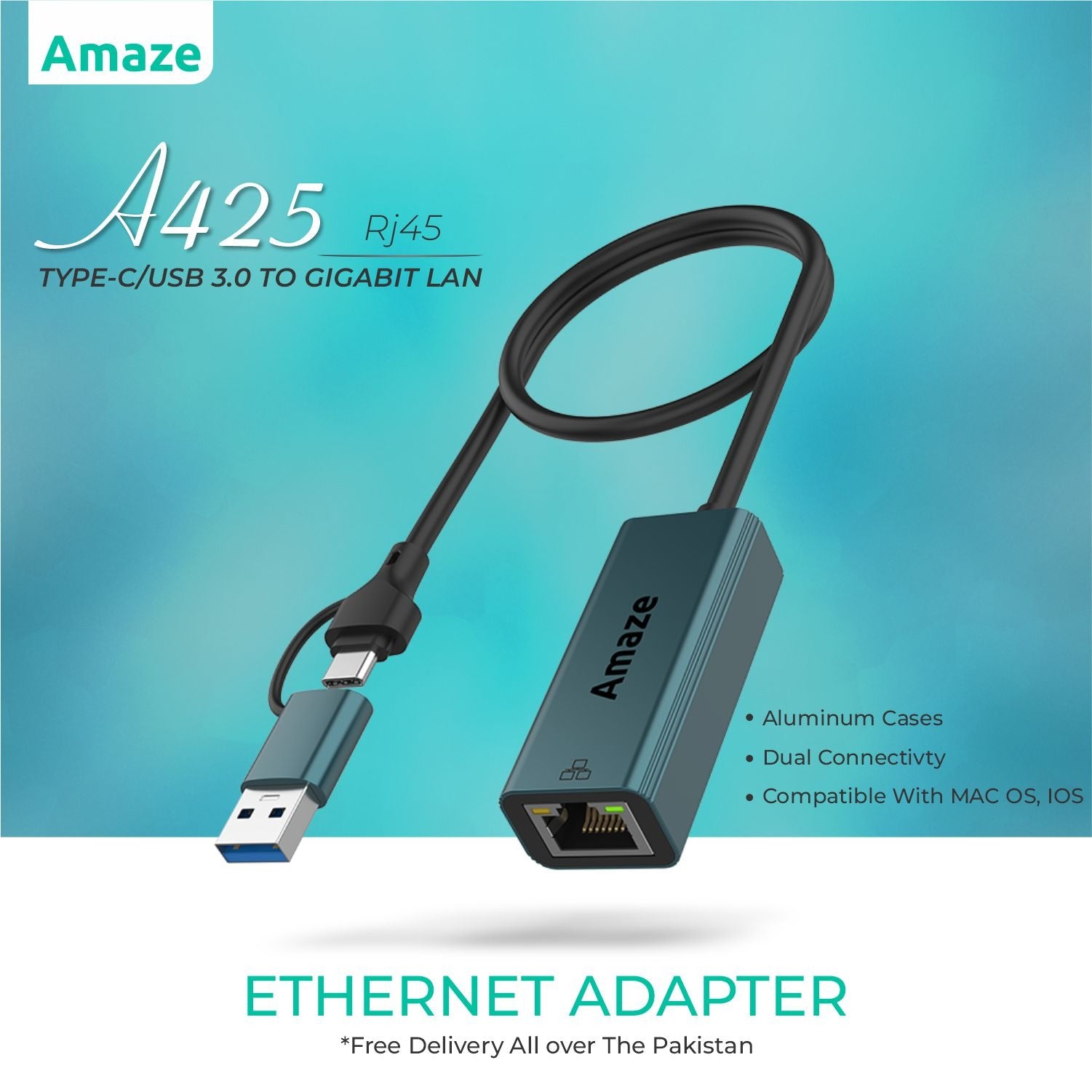 AMAZE USB3.0 + TYPE C TO RJ45 ETHERNET ADAPTER  | A425