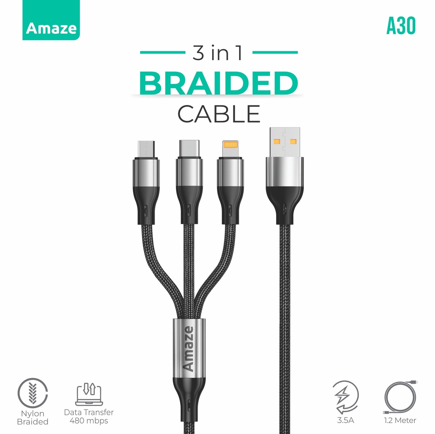 Amaze 3-in-1 USB to Micro/TypeC/iPhone Cable 3.5A 1.2m  | A30