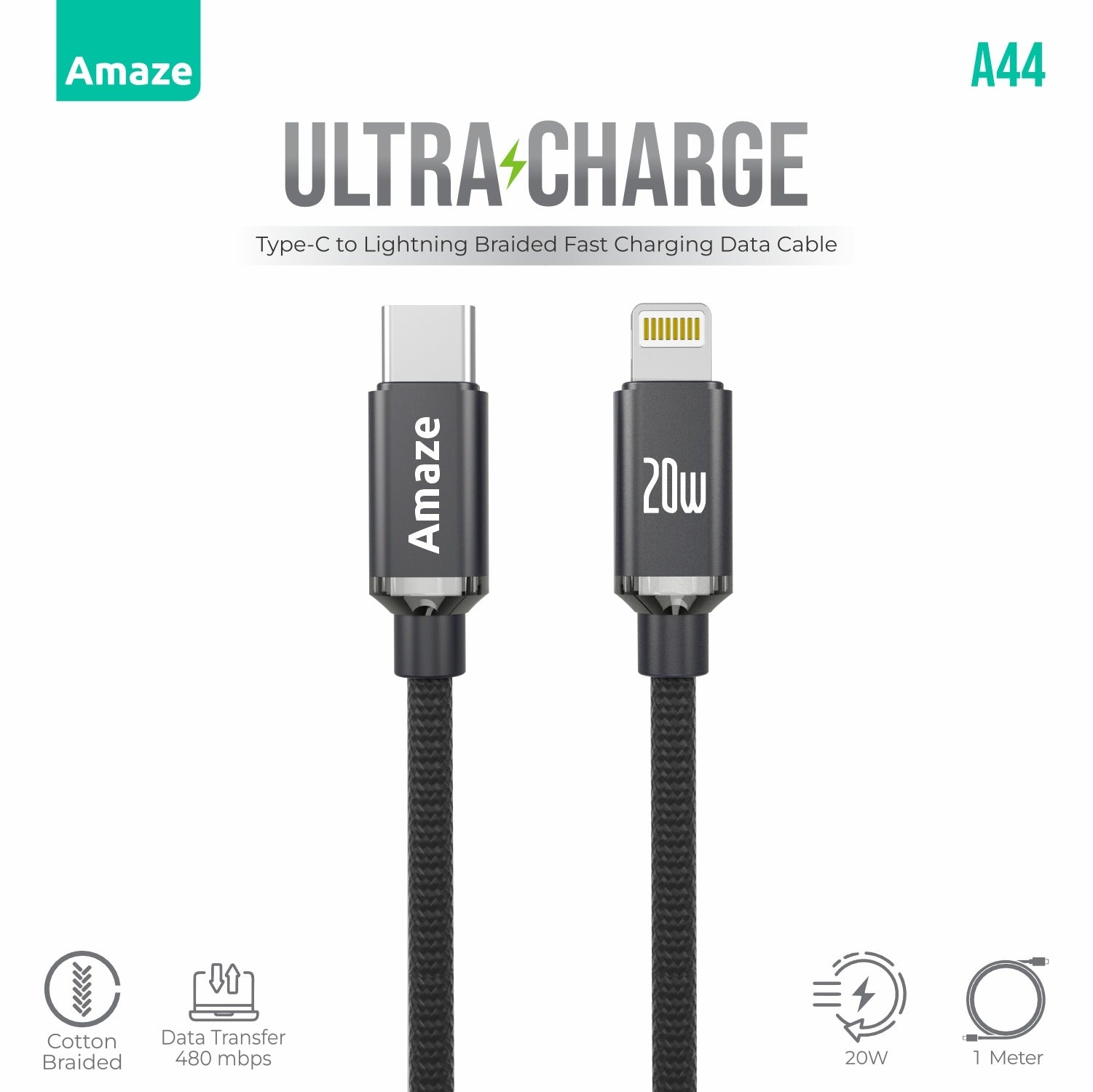 Amaze Ultra Charge Type C to Lightning Cable 20W 1m  | A44