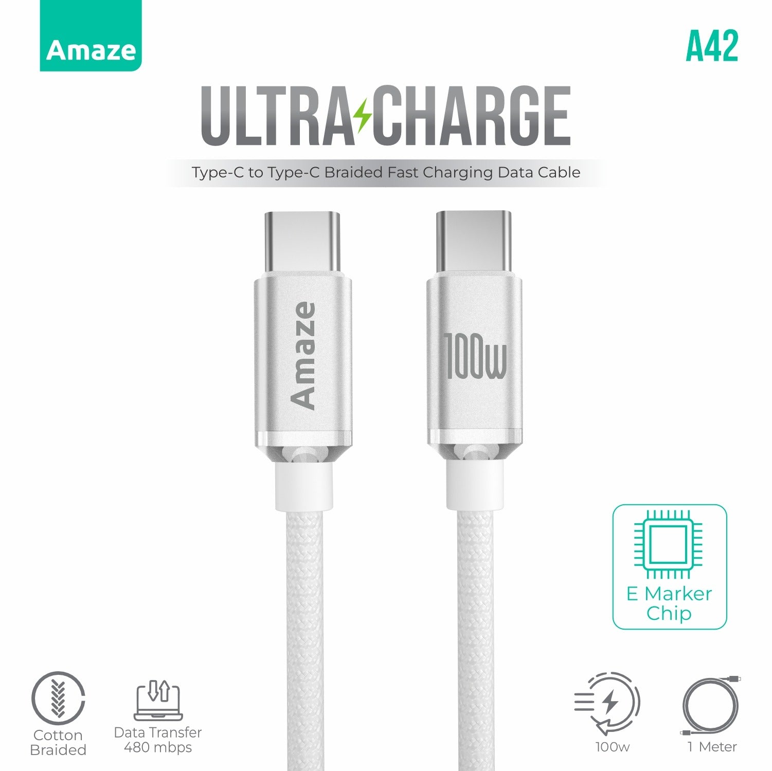 Amaze Ultra Charge Type C to Type C Cable 100w 1m  | A42