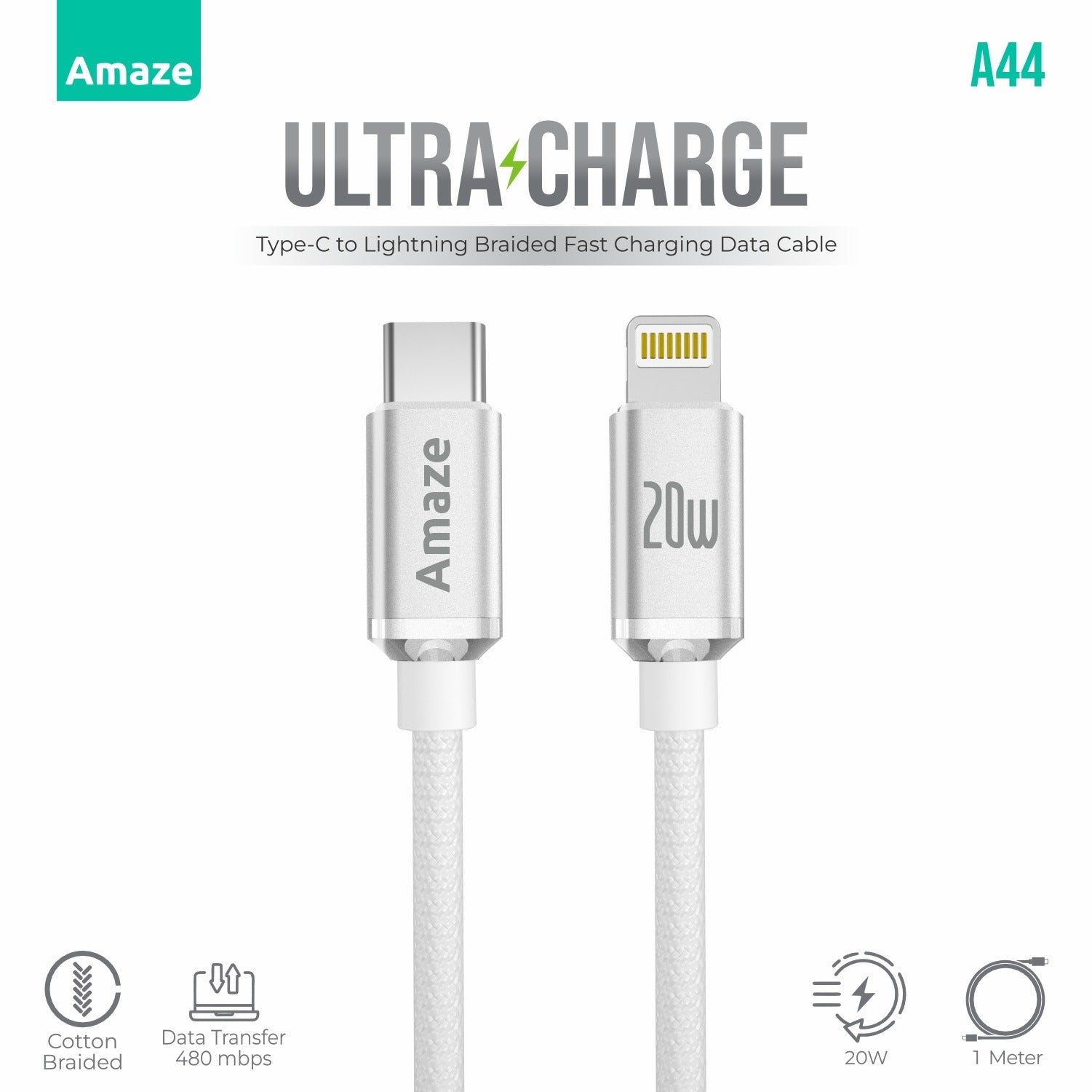 Amaze Ultra Charge Type C to Lightning Cable 20W 1m  | A44