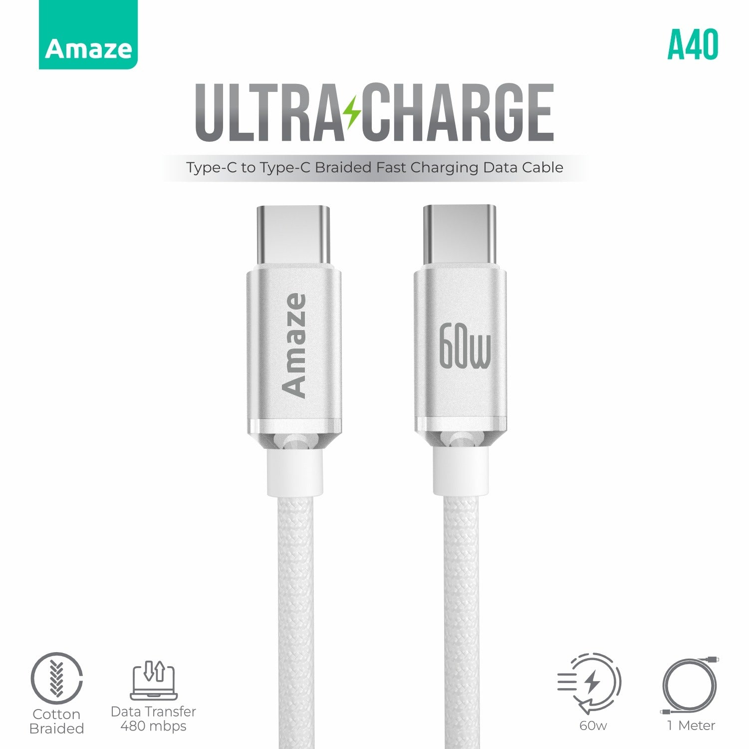 Amaze ULTRA CHARGE TYPE C TO TYPE C CABLE 60W 1M  | A40