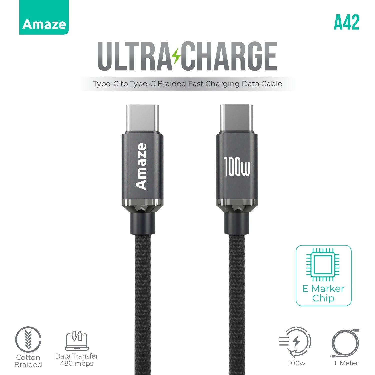 Amaze Ultra Charge Type C to Type C Cable 100w 1m  | A42