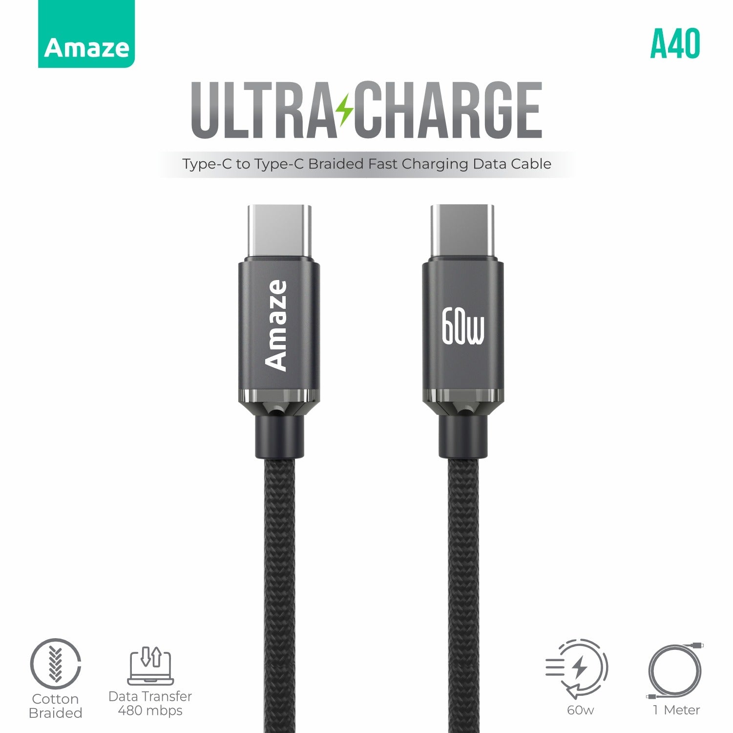 Amaze ULTRA CHARGE TYPE C TO TYPE C CABLE 60W 1M  | A40