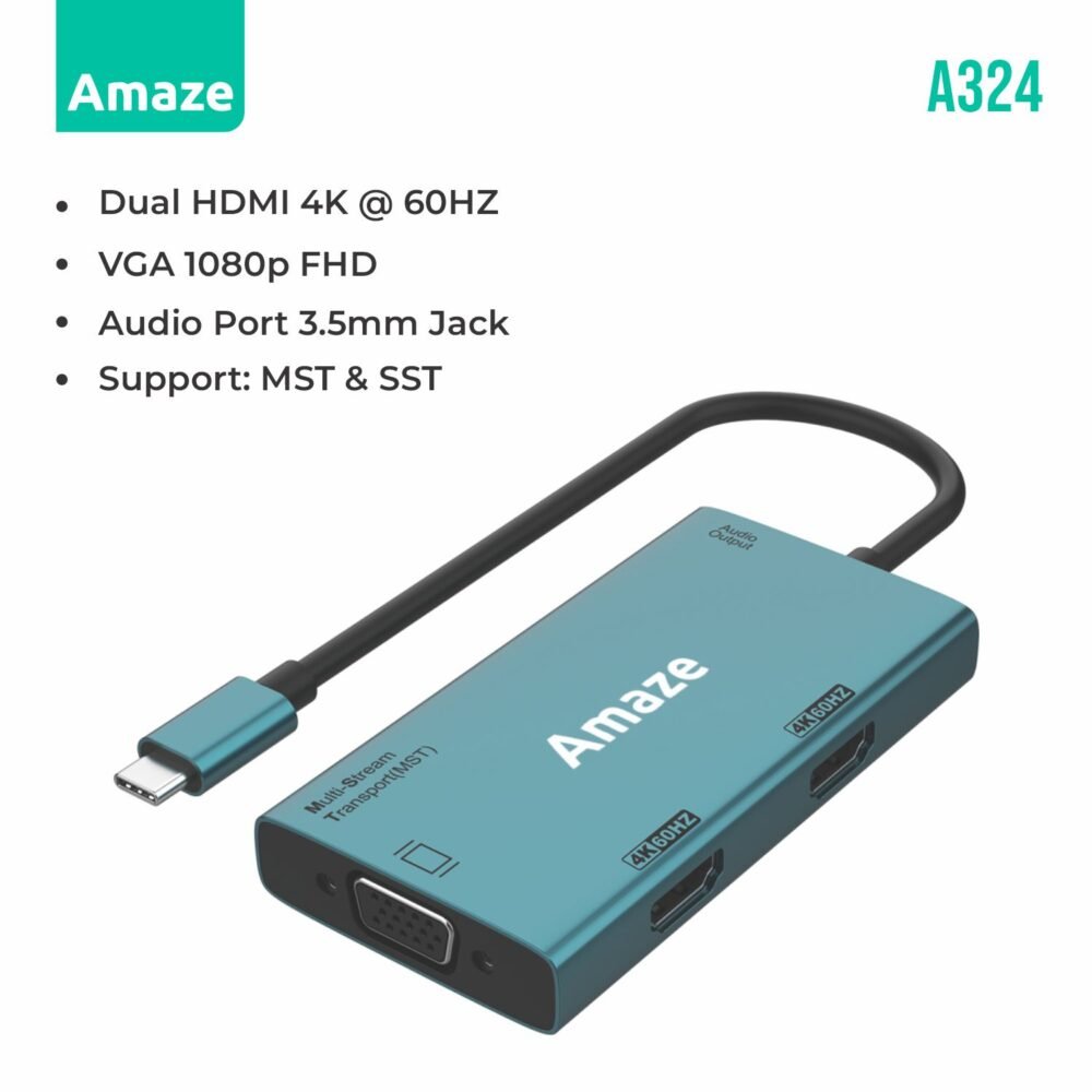 Type C to Dual HDMI + VGA + Audio Hub A324